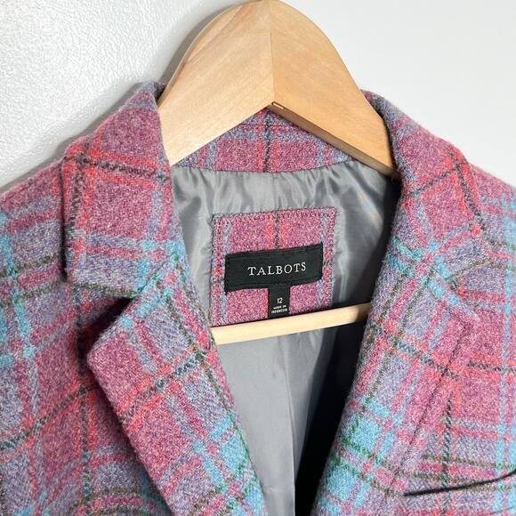 Talbots Womens Wool Blazer Jacket 12 Pink Blue Plaid Button Front Pockets Office - Picture 5 of 11